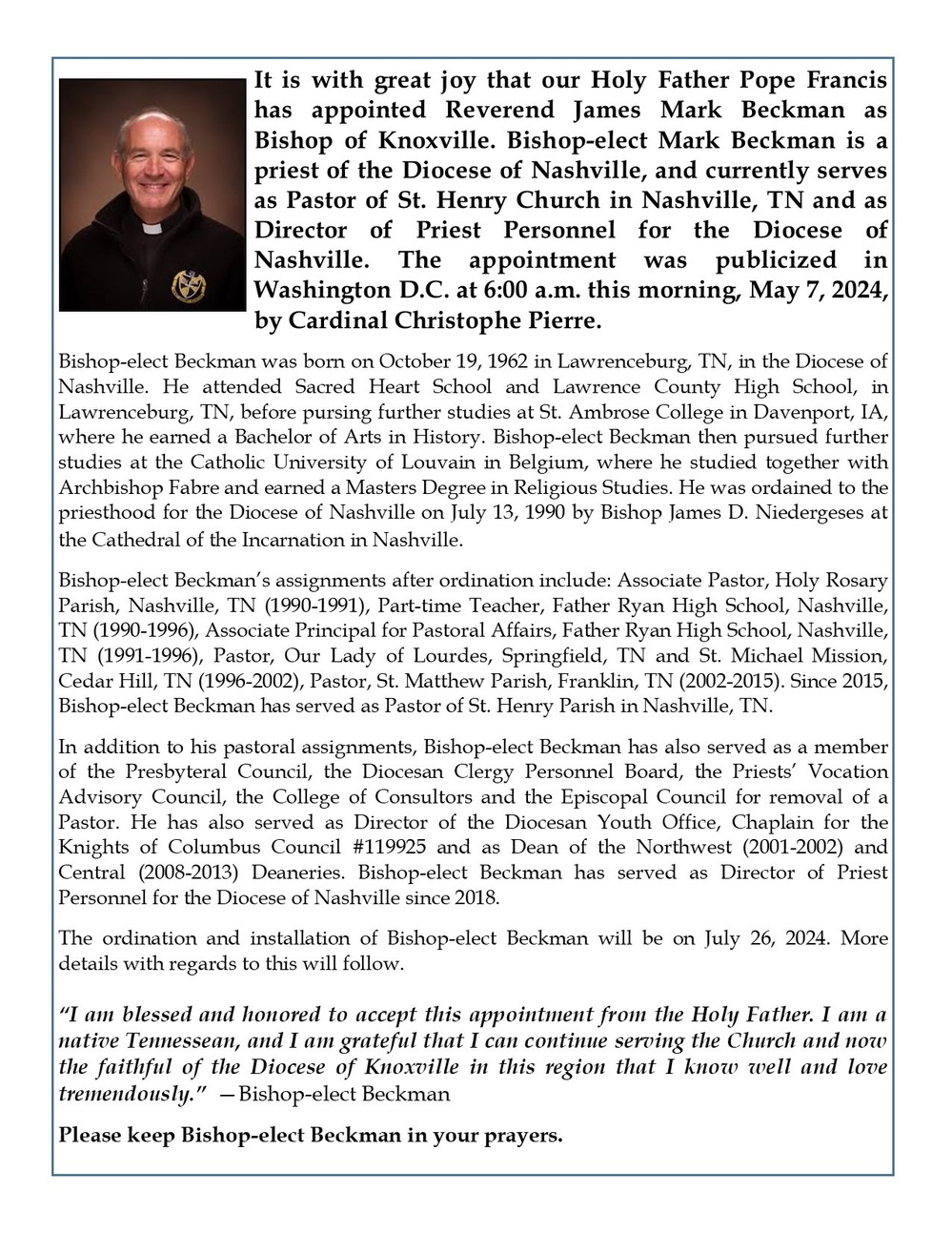 James Mark Beckman Holy Family Catholic Church Seymour, TN